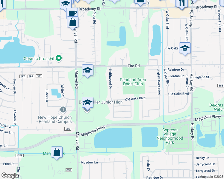 map of restaurants, bars, coffee shops, grocery stores, and more near 6814 Casey Court in Pearland