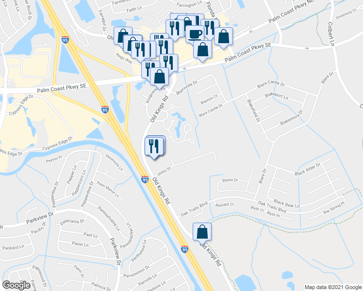 map of restaurants, bars, coffee shops, grocery stores, and more near 4 Commercial Court in Palm Coast