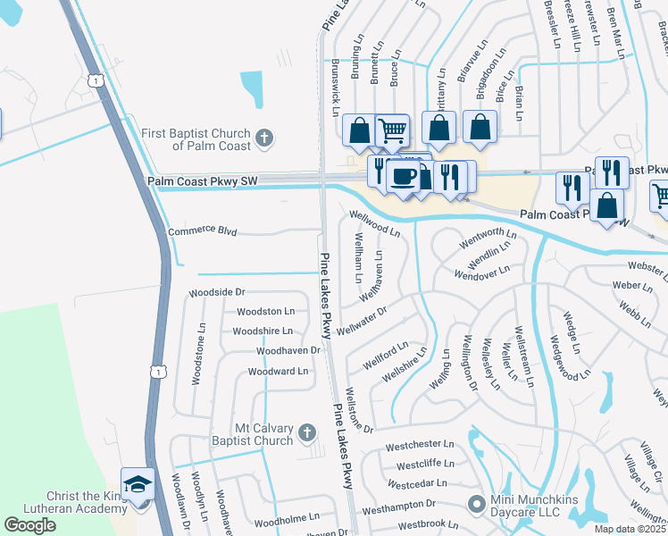 map of restaurants, bars, coffee shops, grocery stores, and more near 30 Wellwood Lane in Palm Coast