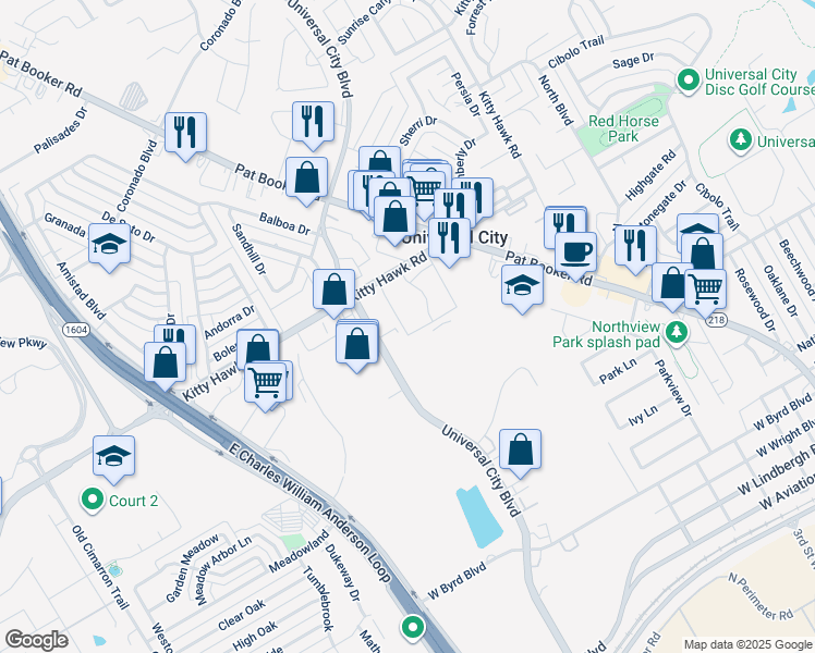 map of restaurants, bars, coffee shops, grocery stores, and more near 330 Kitty Hawk Road in Universal City