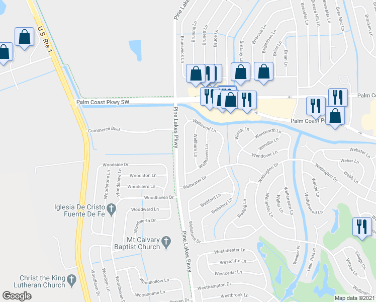 map of restaurants, bars, coffee shops, grocery stores, and more near 30 Wellwood Lane in Palm Coast