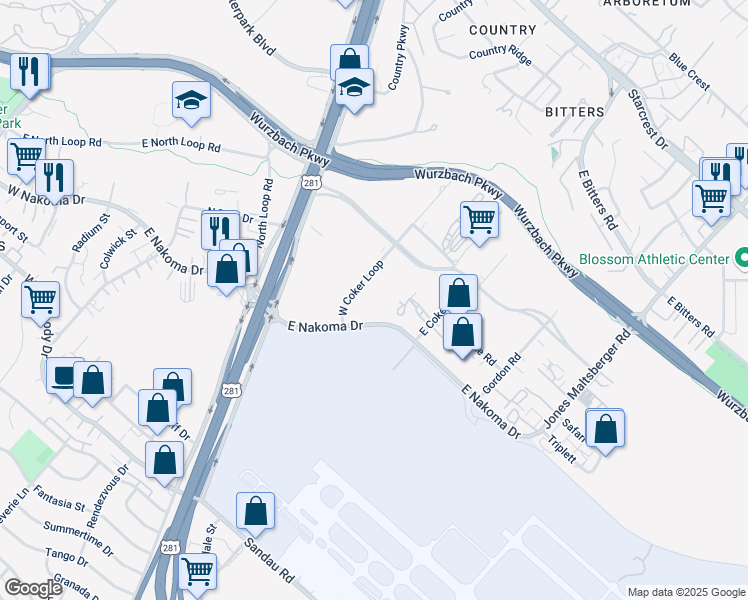 map of restaurants, bars, coffee shops, grocery stores, and more near 550 East Nakoma Drive in San Antonio