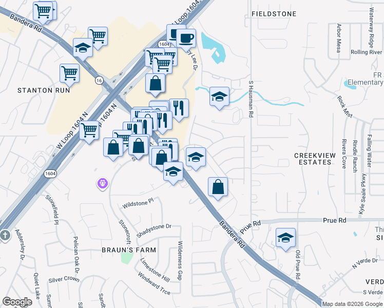 map of restaurants, bars, coffee shops, grocery stores, and more near 11502 Fair Cove in San Antonio
