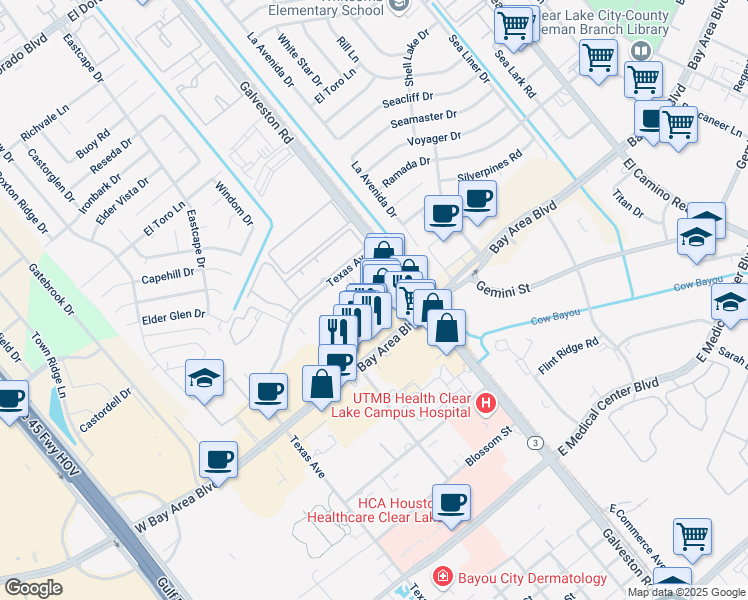 map of restaurants, bars, coffee shops, grocery stores, and more near 302 Bay Area Boulevard in Webster