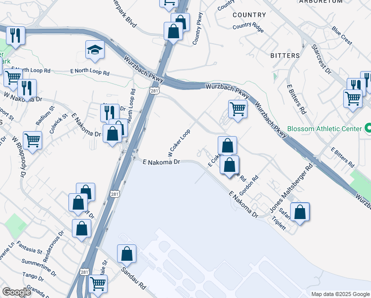 map of restaurants, bars, coffee shops, grocery stores, and more near 550 East Nakoma Drive in San Antonio