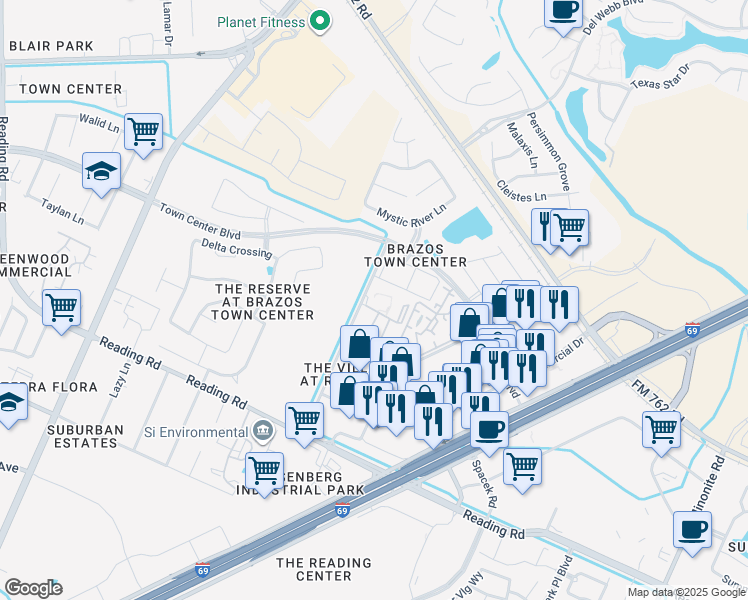 map of restaurants, bars, coffee shops, grocery stores, and more near 3101 Vista Drive in Rosenberg