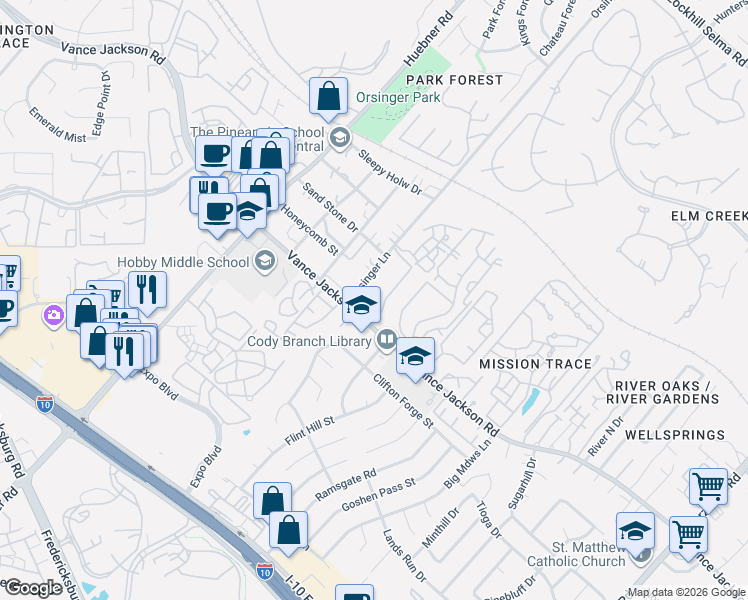 map of restaurants, bars, coffee shops, grocery stores, and more near 11641 Vance Jackson Road in San Antonio