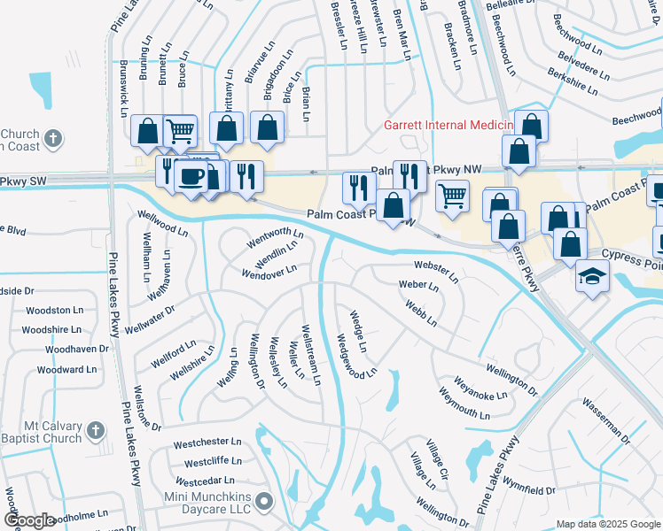 map of restaurants, bars, coffee shops, grocery stores, and more near 81 Wentworth Lane in Palm Coast
