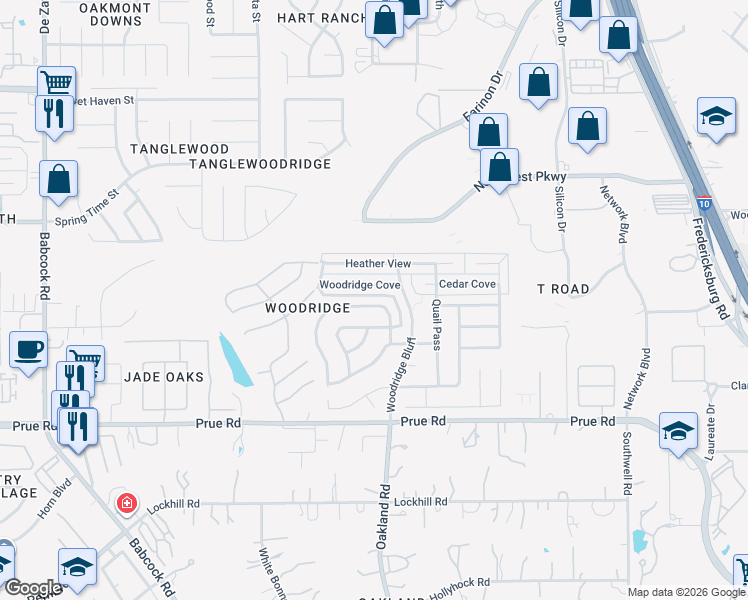 map of restaurants, bars, coffee shops, grocery stores, and more near 5935 Woodridge Cove in San Antonio