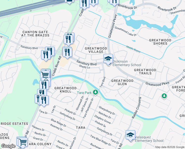 map of restaurants, bars, coffee shops, grocery stores, and more near 1131 Woodside Court in Sugar Land