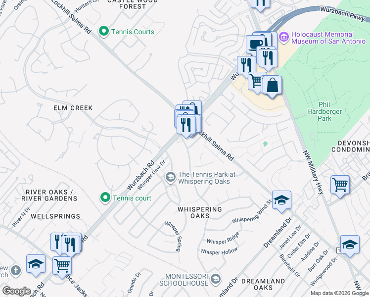 map of restaurants, bars, coffee shops, grocery stores, and more near 11750 Wurzbach Road in San Antonio