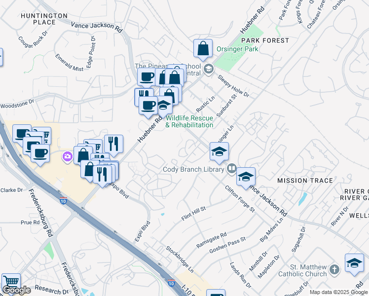 map of restaurants, bars, coffee shops, grocery stores, and more near 11815 Vance Jackson Road in San Antonio