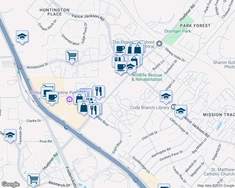 map of restaurants, bars, coffee shops, grocery stores, and more near 11843 Vance Jackson Road in San Antonio