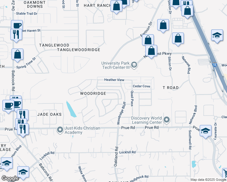 map of restaurants, bars, coffee shops, grocery stores, and more near 5935 Woodridge Cove in San Antonio