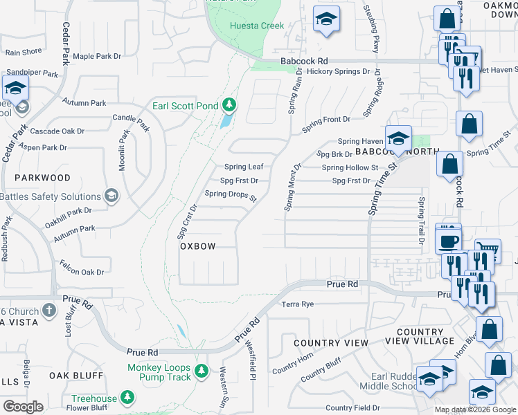 map of restaurants, bars, coffee shops, grocery stores, and more near 7107 Spring Drops Street in San Antonio