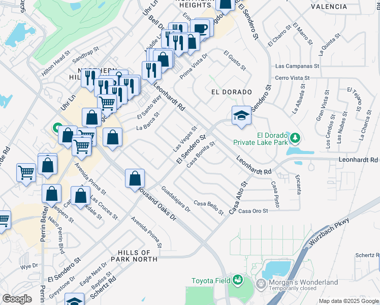map of restaurants, bars, coffee shops, grocery stores, and more near 12101 El Sendero Street in San Antonio