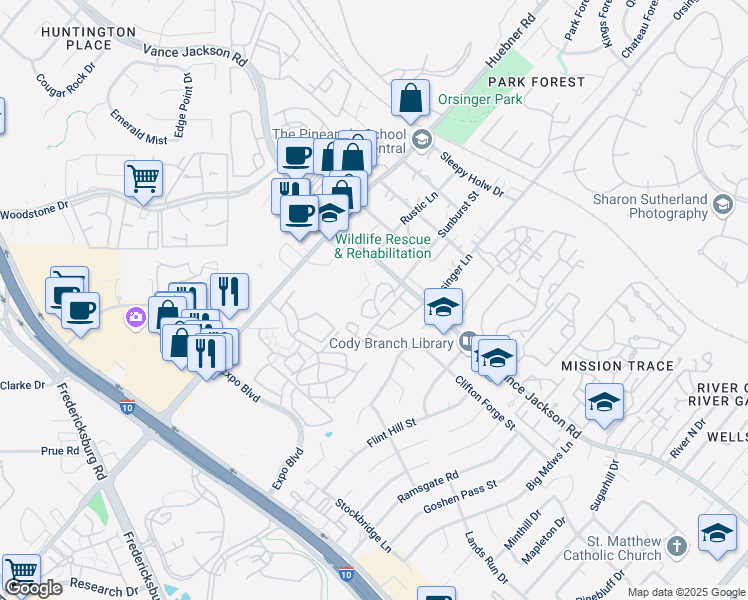 map of restaurants, bars, coffee shops, grocery stores, and more near 11815 Vance Jackson Road in San Antonio