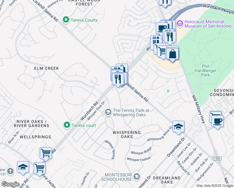 map of restaurants, bars, coffee shops, grocery stores, and more near 11750 Wurzbach Road in San Antonio