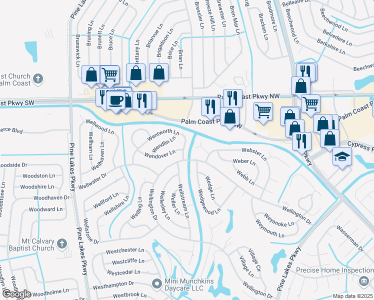 map of restaurants, bars, coffee shops, grocery stores, and more near 91 Wentworth Lane in Palm Coast