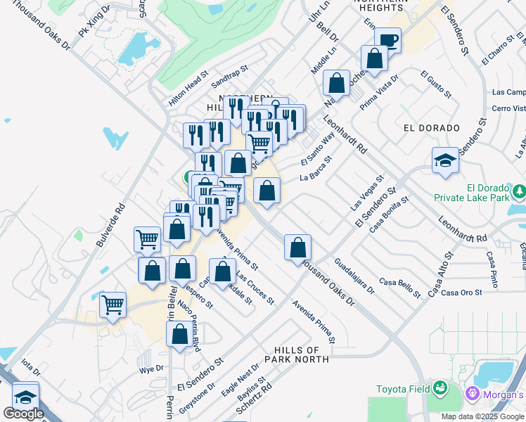 map of restaurants, bars, coffee shops, grocery stores, and more near 4431-4461 Thousand Oaks Drive in San Antonio