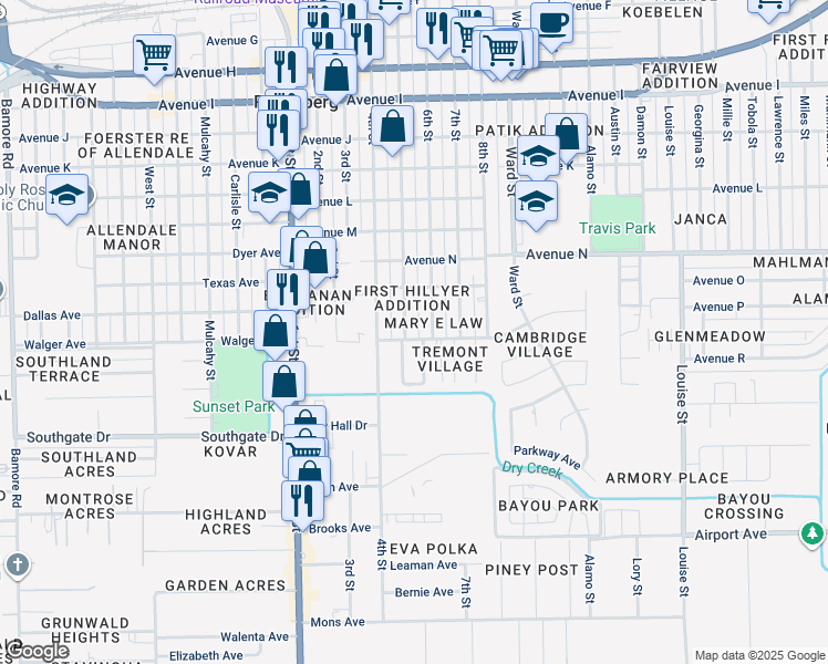 map of restaurants, bars, coffee shops, grocery stores, and more near 1728 6th Street in Rosenberg
