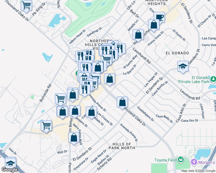 map of restaurants, bars, coffee shops, grocery stores, and more near 4431-4461 Thousand Oaks Drive in San Antonio