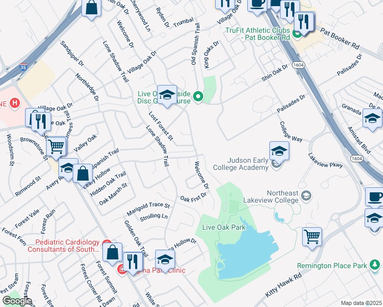 map of restaurants, bars, coffee shops, grocery stores, and more near 12208 Welcome Drive in San Antonio