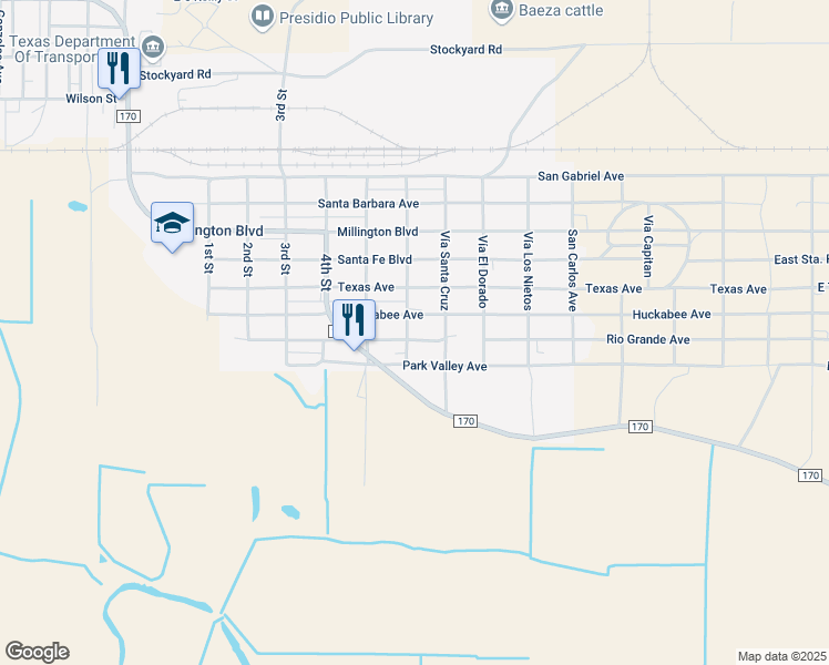 map of restaurants, bars, coffee shops, grocery stores, and more near Huckabee Avenue in Presidio
