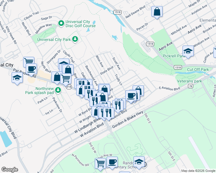 map of restaurants, bars, coffee shops, grocery stores, and more near 153 National Boulevard in Universal City