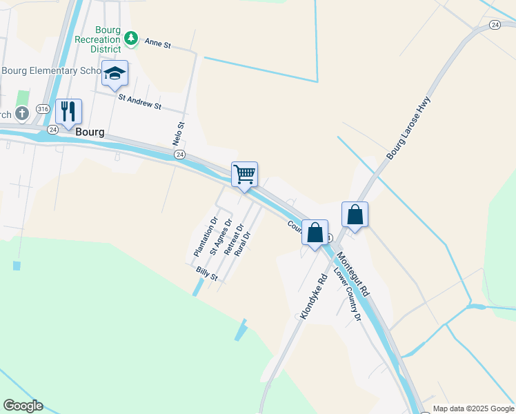 map of restaurants, bars, coffee shops, grocery stores, and more near 100 Rural Drive in Bourg