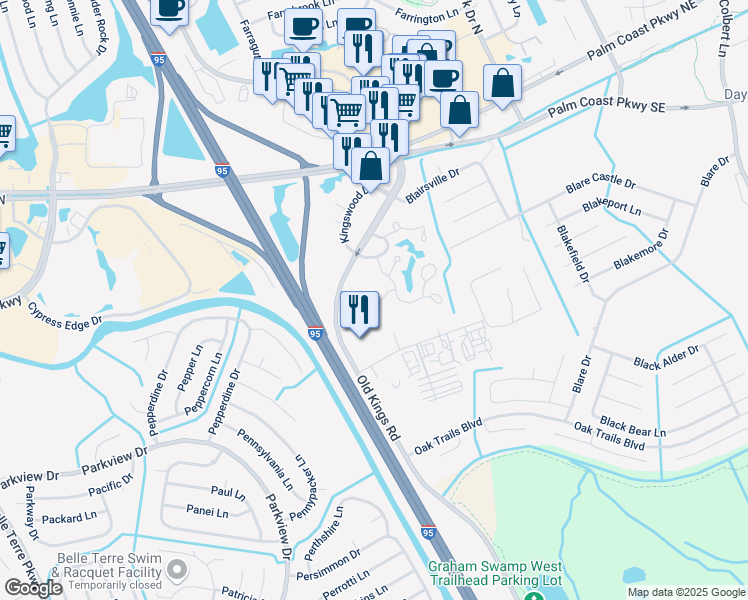map of restaurants, bars, coffee shops, grocery stores, and more near 12 Southbury Court in Palm Coast