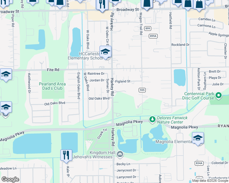 map of restaurants, bars, coffee shops, grocery stores, and more near 3109 Sumac Drive in Pearland