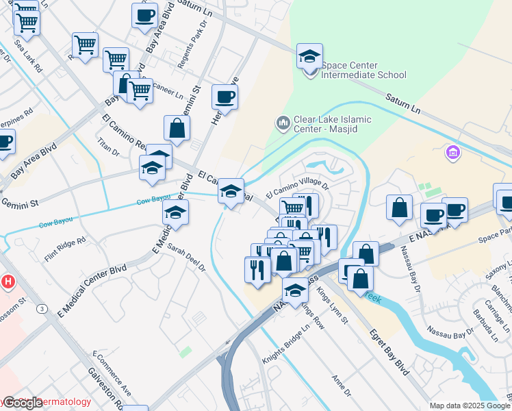 map of restaurants, bars, coffee shops, grocery stores, and more near 17467 El Camino Real in Houston