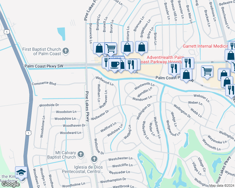 map of restaurants, bars, coffee shops, grocery stores, and more near 119 Wellwood Lane in Palm Coast