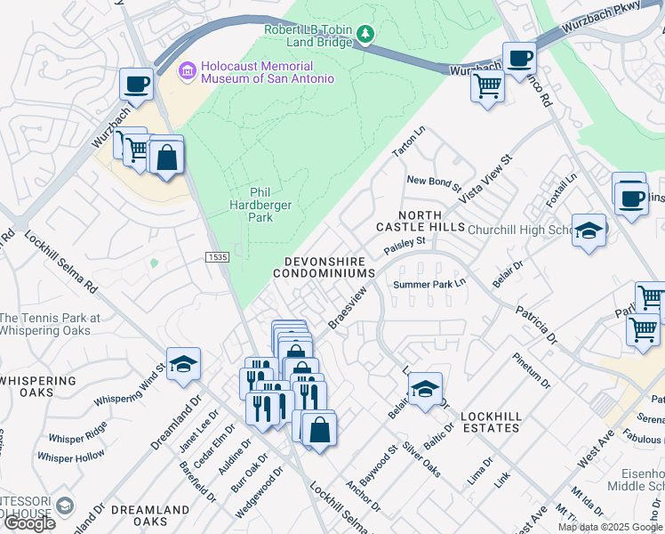 map of restaurants, bars, coffee shops, grocery stores, and more near 11843 Braesview in San Antonio