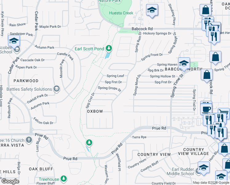 map of restaurants, bars, coffee shops, grocery stores, and more near 7107 Spring Drops Street in San Antonio