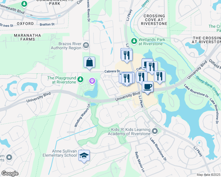 map of restaurants, bars, coffee shops, grocery stores, and more near 4711 LJ Parkway in Sugar Land