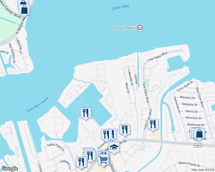 map of restaurants, bars, coffee shops, grocery stores, and more near 1304 Sailaway Drive in League City