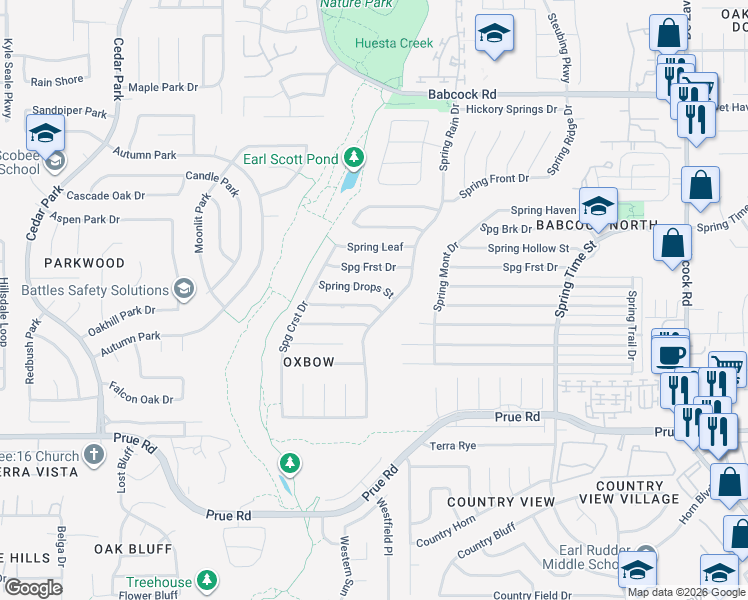 map of restaurants, bars, coffee shops, grocery stores, and more near 7107 Spring Drops Street in San Antonio