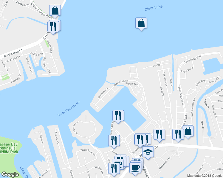map of restaurants, bars, coffee shops, grocery stores, and more near 1301 Enterprise Avenue in League City
