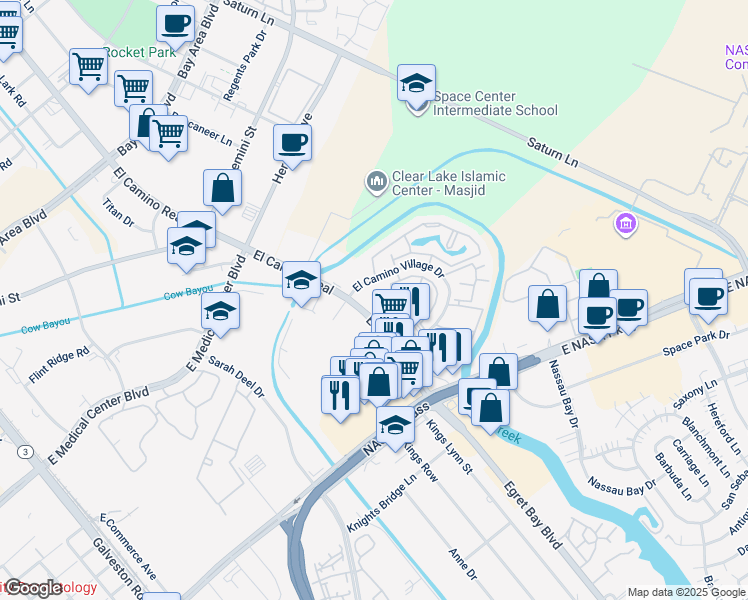 map of restaurants, bars, coffee shops, grocery stores, and more near 17709 El Camino Real in Houston