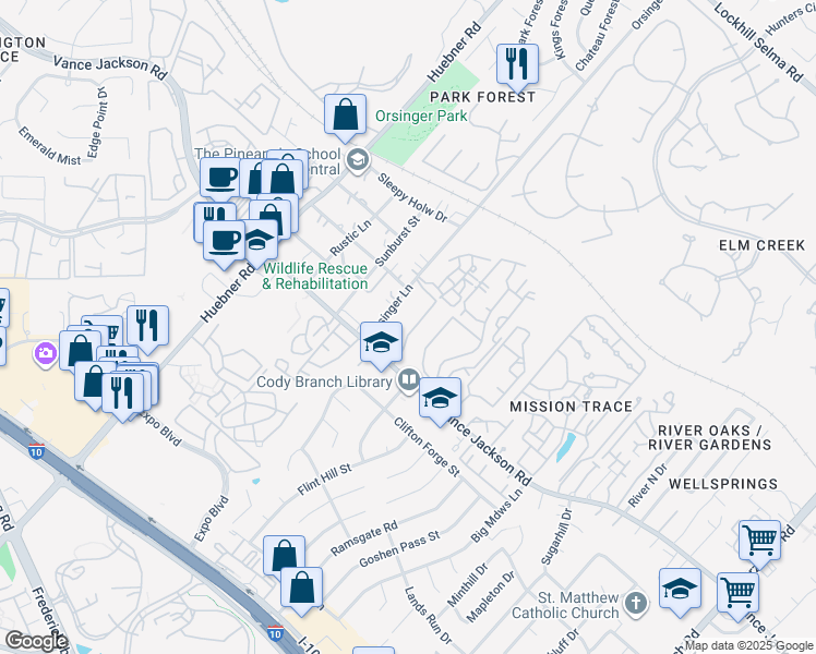 map of restaurants, bars, coffee shops, grocery stores, and more near 11610 Vance Jackson Road in San Antonio