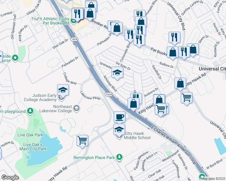 map of restaurants, bars, coffee shops, grocery stores, and more near 214 Amistad Boulevard in Universal City