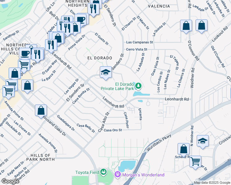 map of restaurants, bars, coffee shops, grocery stores, and more near 5110 Encanta in San Antonio