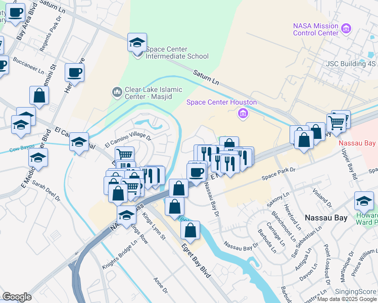map of restaurants, bars, coffee shops, grocery stores, and more near 17825 Kings Park Lane in Houston