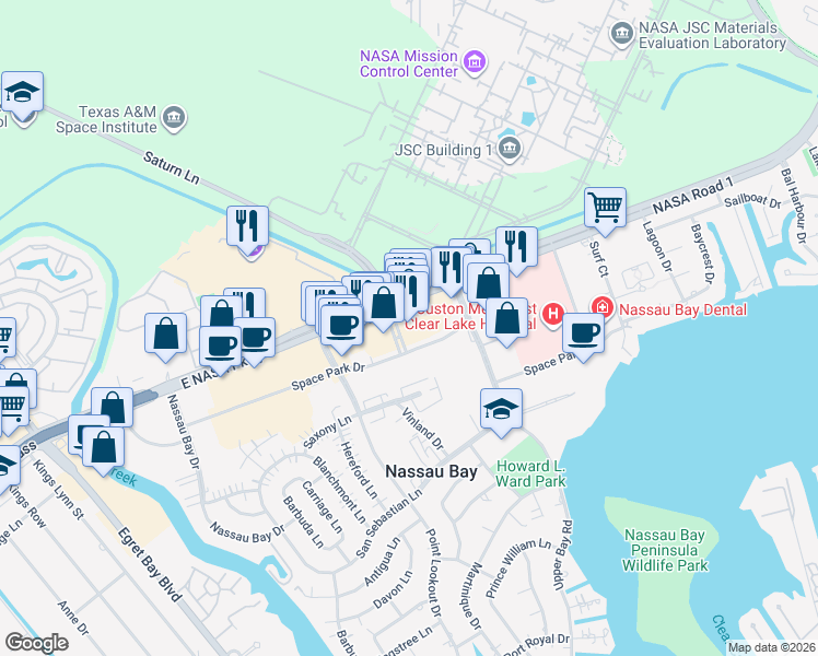 map of restaurants, bars, coffee shops, grocery stores, and more near 18015 Saturn Lane in Houston