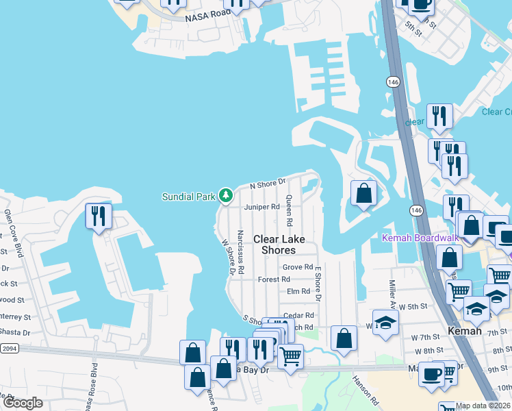 map of restaurants, bars, coffee shops, grocery stores, and more near 112 Oak Road in Clear Lake Shores