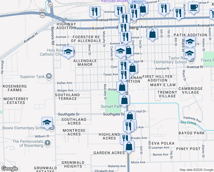 map of restaurants, bars, coffee shops, grocery stores, and more near 1800 Carlisle Street in Rosenberg