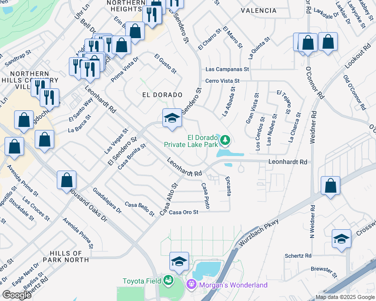 map of restaurants, bars, coffee shops, grocery stores, and more near 5110 Encanta in San Antonio