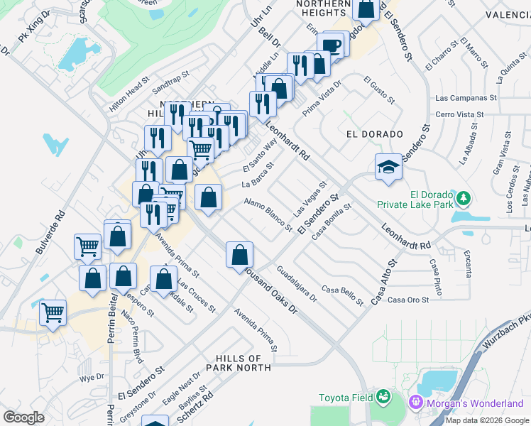 map of restaurants, bars, coffee shops, grocery stores, and more near 11939 Alamo Blanco Street in San Antonio